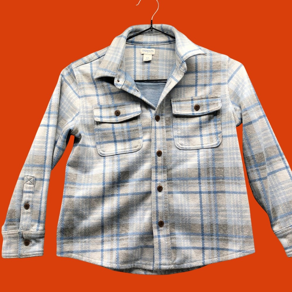 Crewcuts J.Crew Boys Plaid Flannel Shirt Jacket Shacket Light Blue Grey 6-7
